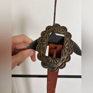 Brown Leather and Elastic Belt with Ornate Brass Buckles